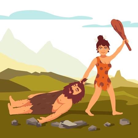 Stone age primitive woman drawing bearded man and saluting with wooden club. Woman power. Flat style vector illustration isolated on white background.