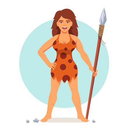 Stone age woman in animal hide pelt with wooden spear. Amazon or barbarian female. Flat style vector illustration isolated on white background.のイラスト素材