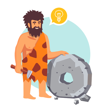 Stone age primitive man had an idea and invents a wheel. Flat style vector illustration isolated on white background.