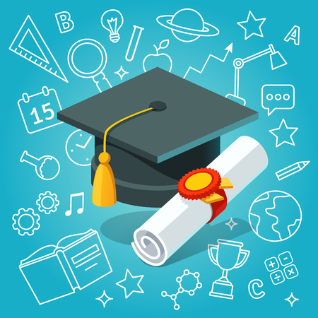 University student cap mortar board and diploma with official stamp and ribbon on education icons background. Flat style vector illustration.のイラスト素材