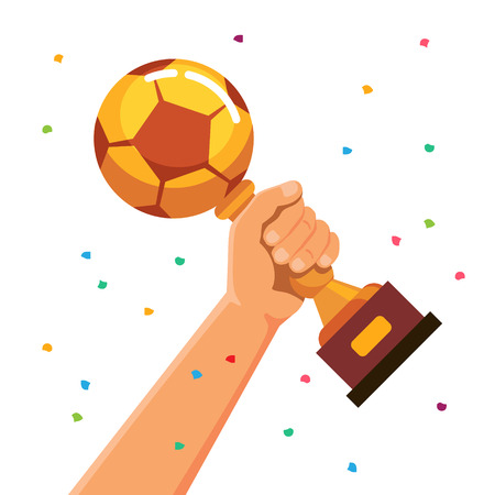 Winner team player holding soccer ball shaped cup trophy. Flat style vector illustration isolated on white background.のイラスト素材