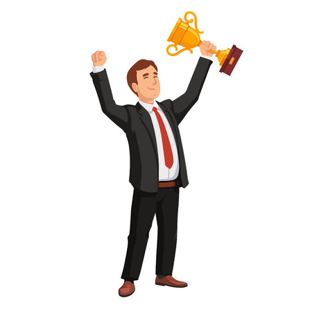Celebrating businessman holding winner cup trophy. Business achievement concept. Flat style vector illustration isolated on white background.のイラスト素材