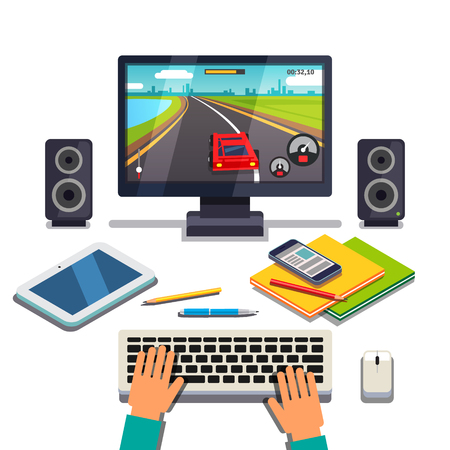Student is gaming on a desktop computer pc. Tablet, cellphone and textbooks lying in front of player hands on the keyboard. Flat style vector illustration isolated on white background.のイラスト素材