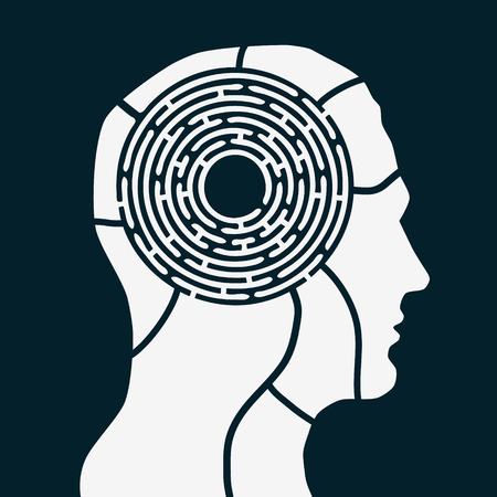 Maze of human mind. Brain game concept. Flat style vector illustration isolated on dark background.のイラスト素材