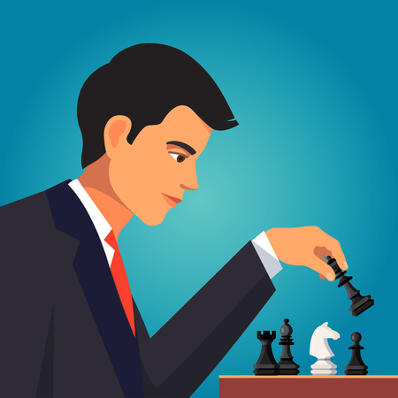 Confident businessman in business suit making a chess move with a queen playing black pieces. Flat style vector illustration isolated on blue background.のイラスト素材
