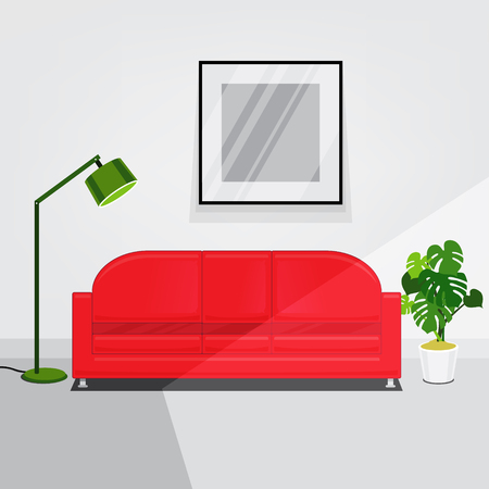 White walls living room interior lit by sunlight with red sofa and green lamp. Flat style vector illustration.のイラスト素材