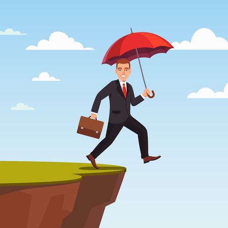 Businessman leap of faith concept. Presumptuous man of business walks off the cliff with red umbrella and suitcase. Flat style vector illustration.のイラスト素材