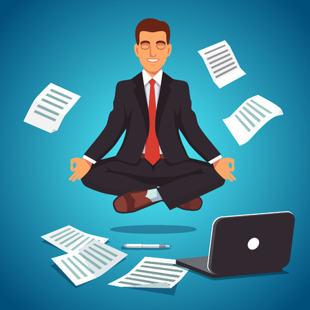Young businessman executive in nice suit and red tie meditating and levitating in yoga position. Flat style vector illustration isolated on white background.のイラスト素材