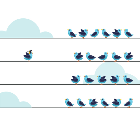 Independent thinker and individual leadership concept. Group of pigeon birds on a wire with one at the other side. Flat style vector illustration isolated on white background.のイラスト素材