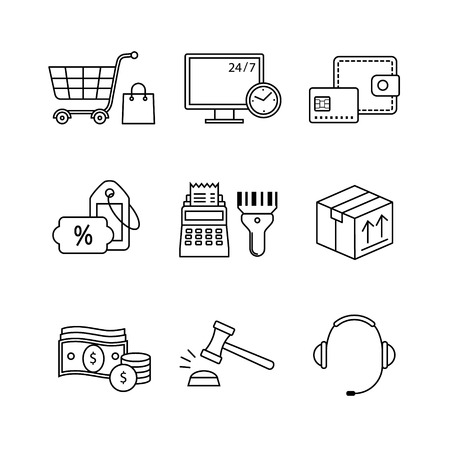Product retail business, internet commerce and shopping thin line art icons set. Modern black symbols isolated on white for infographics or web use.のイラスト素材