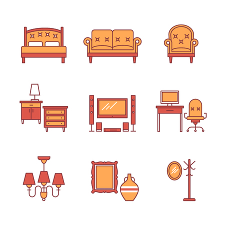 Home furniture signs set. Thin line art icons. Flat style illustrations isolated on white.のイラスト素材