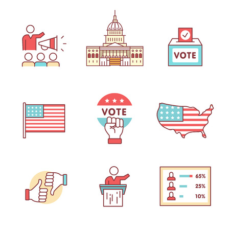 Elections, campaign and voting signs set. Thin line art icons. Flat style illustrations isolated on white.のイラスト素材