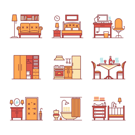 Home room types furniture signs set. Thin line art icons. Flat style illustrations isolated on white.のイラスト素材