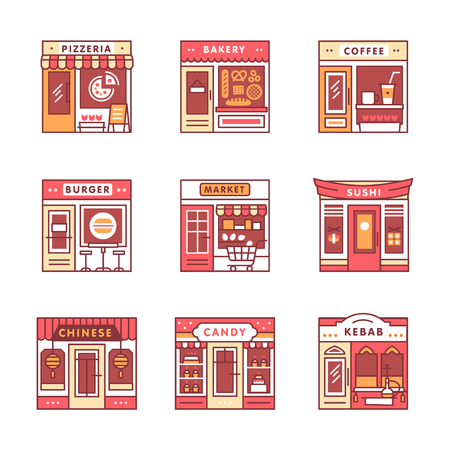 City cafe, food and groceries shops and stores buildings storefronts signs set. Thin line art icons. Flat style illustrations isolated on white.のイラスト素材