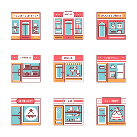 City shops and stores buildings storefronts signs set. Thin line art icons. Flat style illustrations isolated on white.のイラスト素材