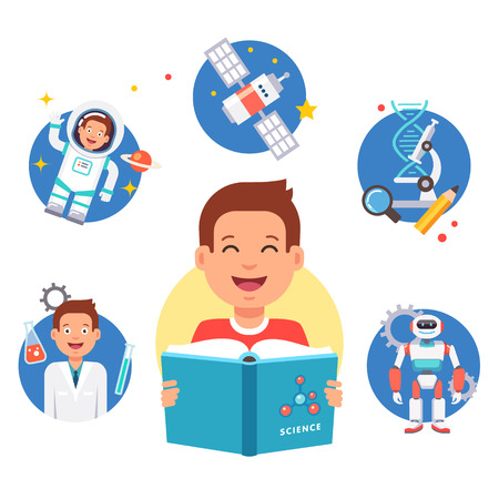 Young science learner kid. School student studying reading book and dreaming about future profession. Flat style vector illustration and icons isolated on white background.のイラスト素材