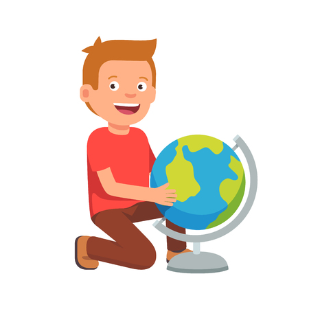 Kid sitting at terrestrial globe. Boy student learning earth geography. Flat style vector illustration isolated on white background.のイラスト素材