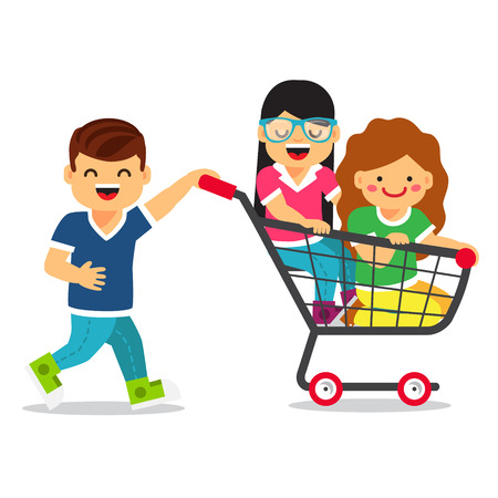 Boy and two girls playing together, riding supermarket shopping cart. Flat style vector illustration isolated on white background.のイラスト素材