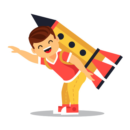 Boy playing with cardboard space rocket. Imagination of a a leader flies high. Flat style vector illustration isolated on white background.のイラスト素材