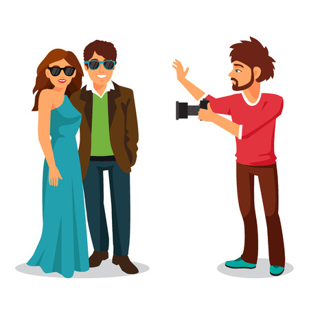Professional photographer takes a photo of a beautiful celebrity couple. Flat style vector illustration isolated on white background.のイラスト素材