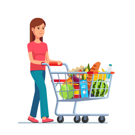 Young woman pushing supermarket shopping cart full of groceries. Flat style vector illustration isolated on white background.のイラスト素材