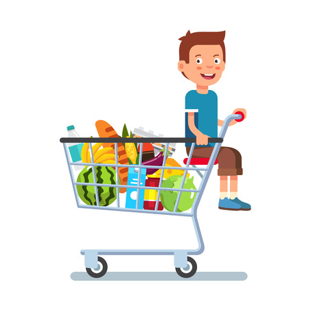 Kid sitting in a supermarket shopping cart full of groceries. Flat style vector illustration isolated on white background.のイラスト素材