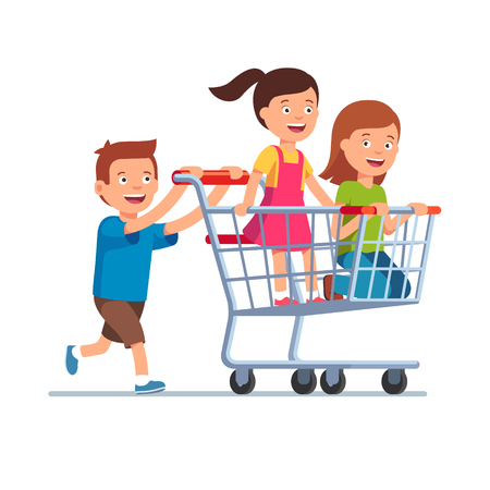 Boy and two girls playing together, riding supermarket shopping cart. Flat style vector illustration isolated on white background.のイラスト素材
