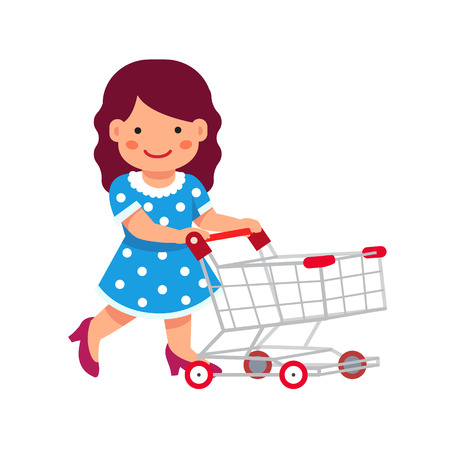 Cute girl dressed like a lady playing with supermarket shopping cart. Flat style vector illustration isolated on white background.のイラスト素材
