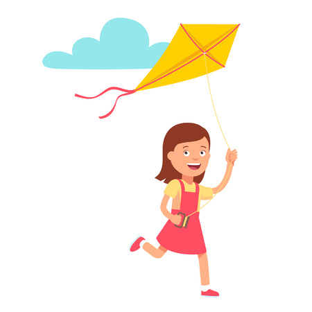 Small cute girl running and playing kite. Flat style vector illustration isolated on white background.のイラスト素材