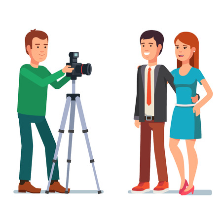 Photographer takes a photo of a beautiful couple. Flat style vector illustration isolated on white background.のイラスト素材