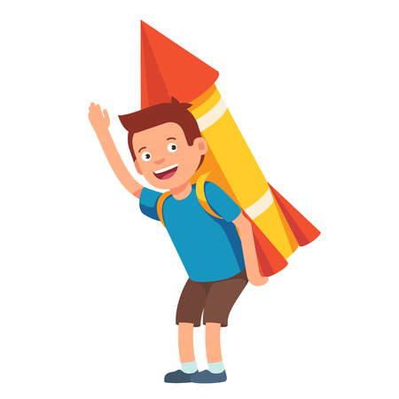 Boy playing with cardboard space rocket. Imagination of a a leader flies high. Flat style vector illustration isolated on white background.のイラスト素材