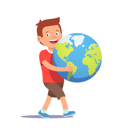 Young boy kid carrying holding planet earth. Youth holding future in their hands concept symbol. Flat style vector illustration isolated on white background.のイラスト素材