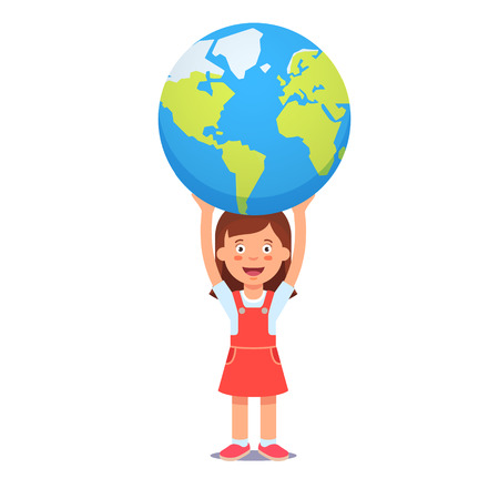 Cute girl holds planet earth over head. Youth holding future in their hands concept symbol. Flat style vector illustration isolated on white background.のイラスト素材