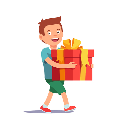 Cute boy holding big ribbon bow wrapped gift box in front of him in arms. Flat style vector illustration isolated on white background.のイラスト素材