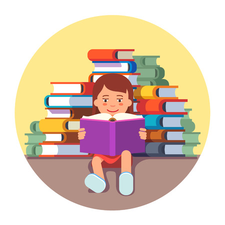 Cute girl sitting and reading a book in front of big pile of literature. Future genius kid concept. Flat style vector illustration isolated on white background.のイラスト素材