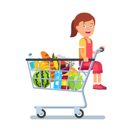 Kid sitting in a supermarket shopping cart full of groceries. Flat style vector illustration isolated on white background.のイラスト素材