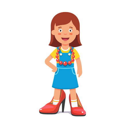 Small cute girl wearing mothers high heel pump shoes and red beads pretending she's a grown up lady. Flat style vector illustration isolated on white background.のイラスト素材