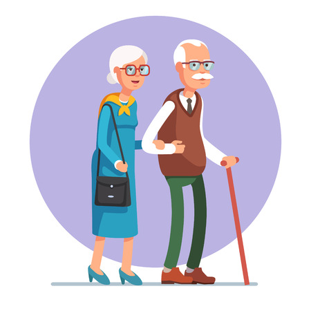 Senior lady and gentleman with silver hair walking together arm-in-arm. Old age couple. Flat style vector illustration isolated on white background.