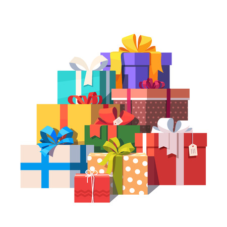 Big pile of colorful wrapped gift boxes. Lots of presents. Flat style vector illustration isolated on white background.のイラスト素材