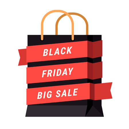 Black Friday November Sale advert banner in form of shopping bag. Flat style vector illustration isolated on black background.のイラスト素材