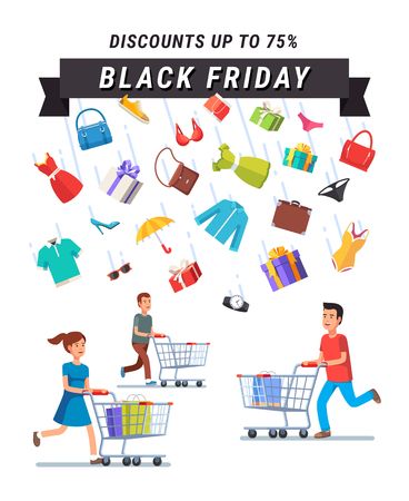 Black Friday Sale advert banner. People running with shopping carts under the rain of retail goods. Flat style vector illustration isolated on black background.のイラスト素材