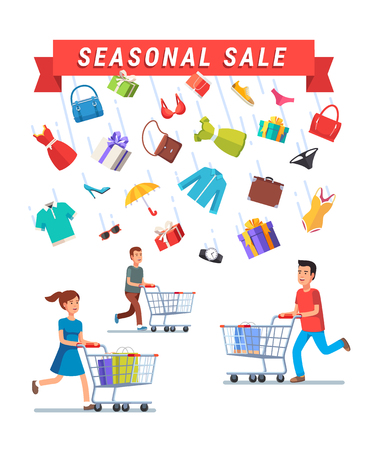 Seasonal Sale advert banner. People running with shopping carts under the rain of retail goods. Flat style vector illustration isolated on black background.のイラスト素材