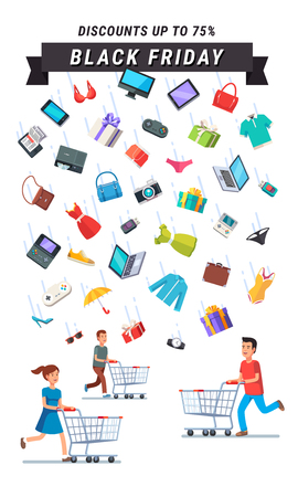 Black Friday Sale advert banner. People running with shopping carts under the rain of retail goods. Flat style vector illustration isolated on black background.のイラスト素材