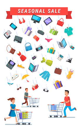 Seasonal Sale advert banner. People running with shopping carts under the rain of retail goods. Flat style vector illustration isolated on black background.のイラスト素材