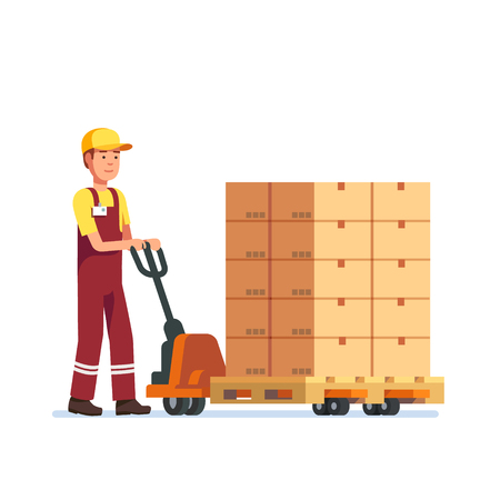 Warehouse worker man towing hand fork lifter with boxes on pallet. Modern flat style vector illustration isolated on white background.のイラスト素材