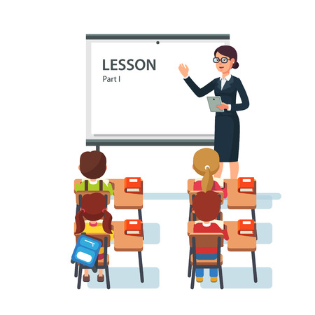 Modern school lesson. Little students and teacher. Classroom with whiteboard, pupils tables and chairs. Modern flat style vector illustration isolated on white background.のイラスト素材