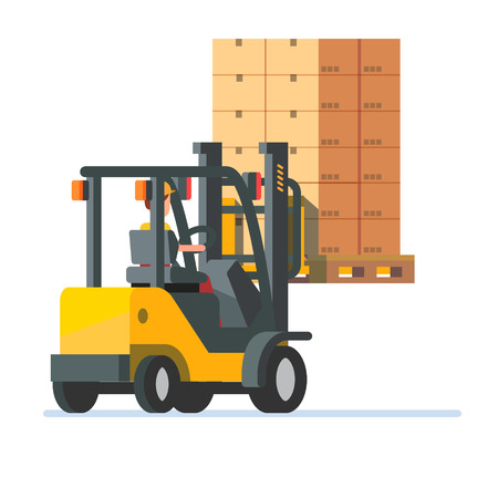 Forklift truck carrying a stacked goods boxes pallet. Modern flat style vector illustration isolated on white background.のイラスト素材