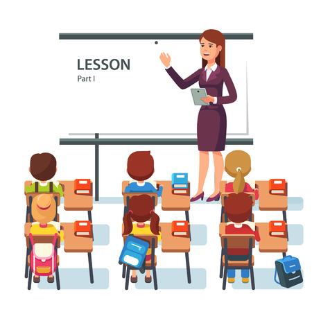 Modern school lesson. Little students and teacher. Classroom with whiteboard, pupils tables and chairs. Modern flat style vector illustration isolated on white background.