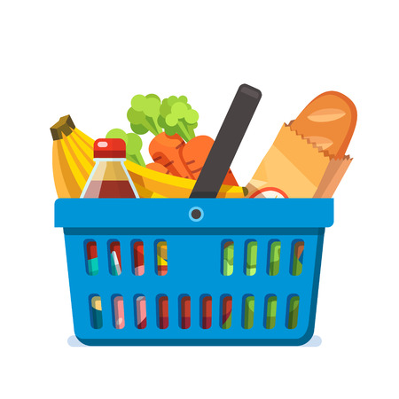 Shopping basket full of fresh groceries. Healthy organic natural food and bread. Modern flat style vector illustration isolated on white background.のイラスト素材