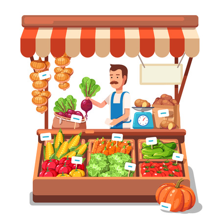 Local market farmer selling vegetables produce on his stall with awning. Modern flat style realistic vector illustration isolated on white background.